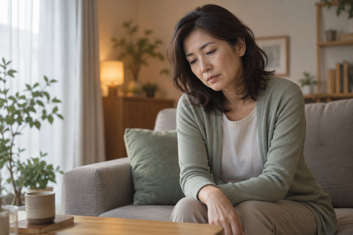 疲れた様子で静かに座る女性
