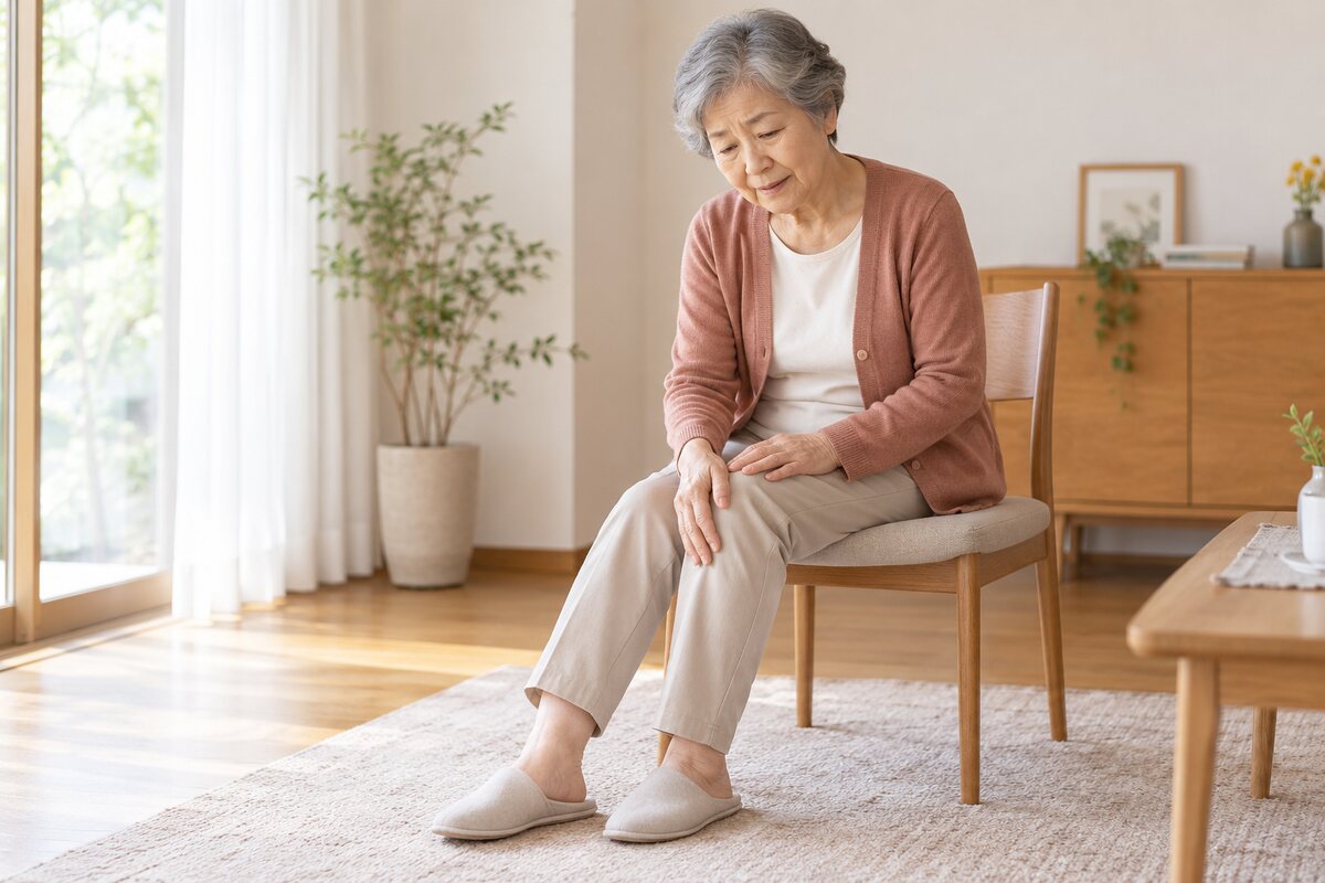 膝を気にしながら椅子に座る女性