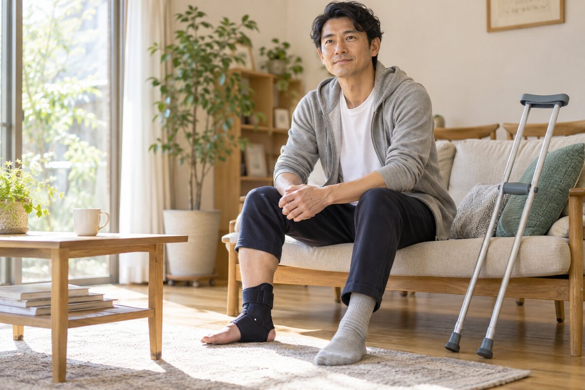 足のけがからの回復期を過ごす男性